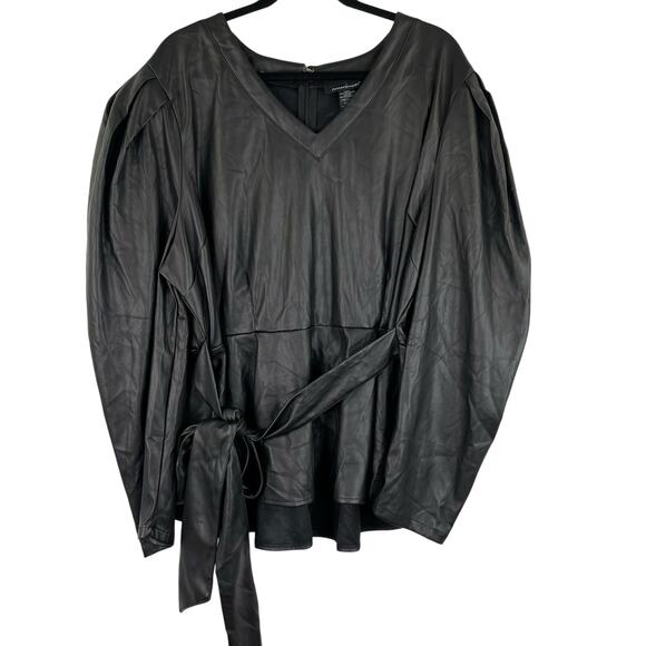 Ashley Stewart Tops - Ashley Stewart Black Peplum Faux Leather Long Sleeve Blouse Waist Tie Size 22/24